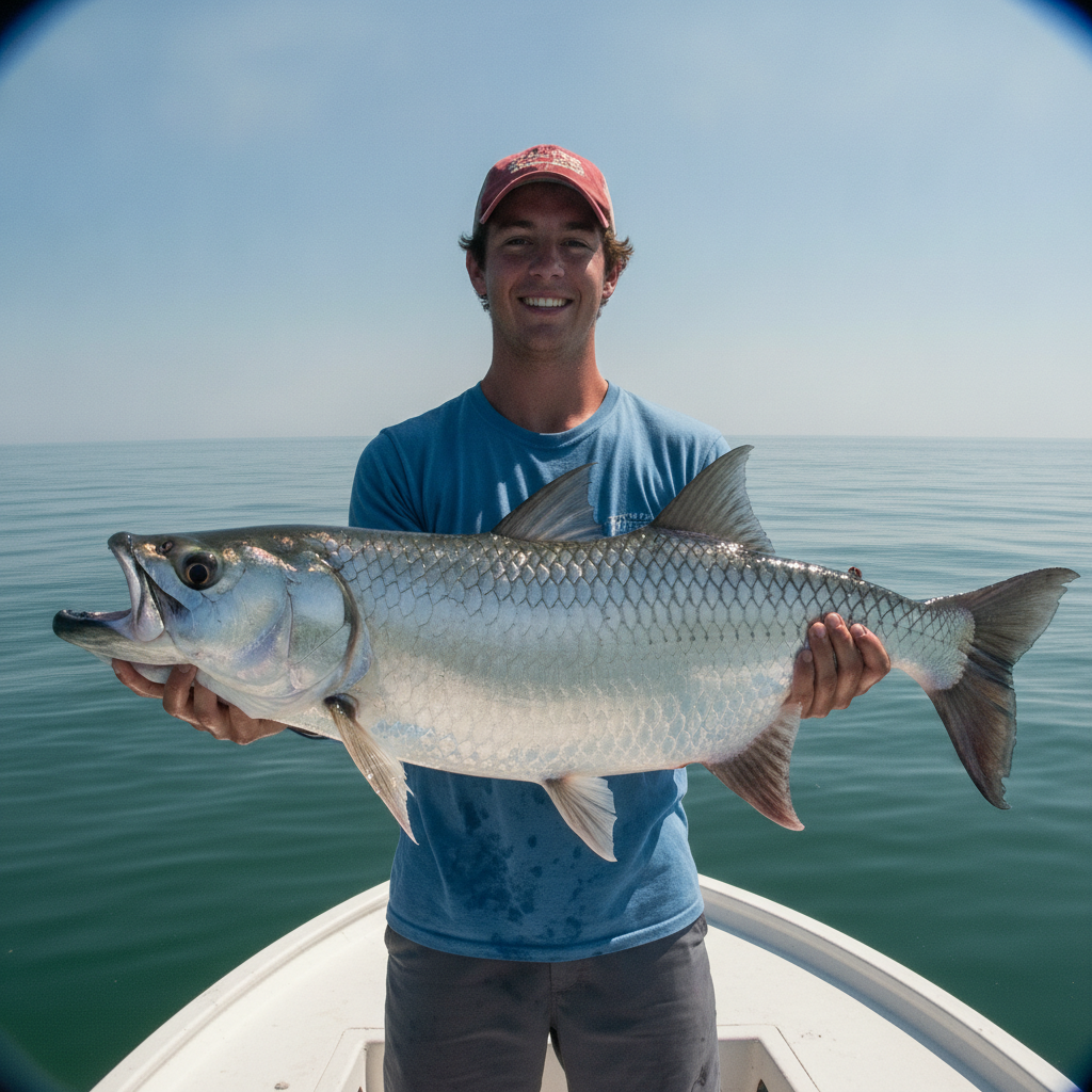 Angler holding an Atlantic tarpon on a skiff bow at dawn