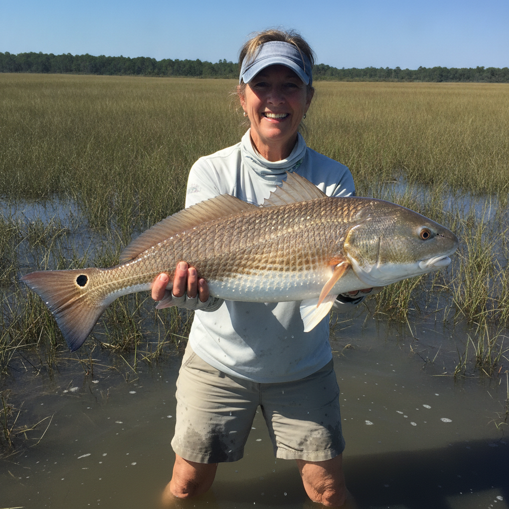 Red drum (redfish) held over a shallow marsh flat — illustrative photo