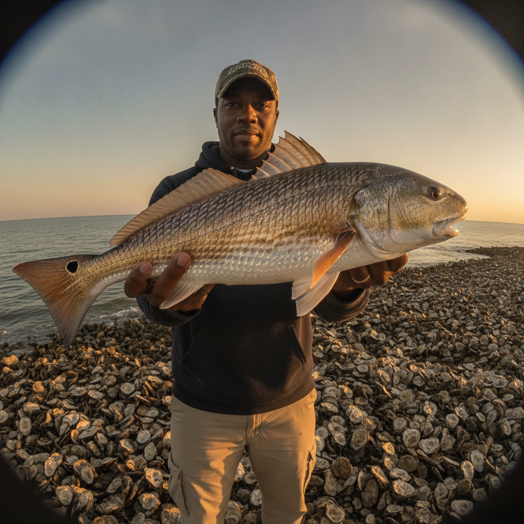 Red drum (redfish) at dusk over an oyster bar — illustrative photo