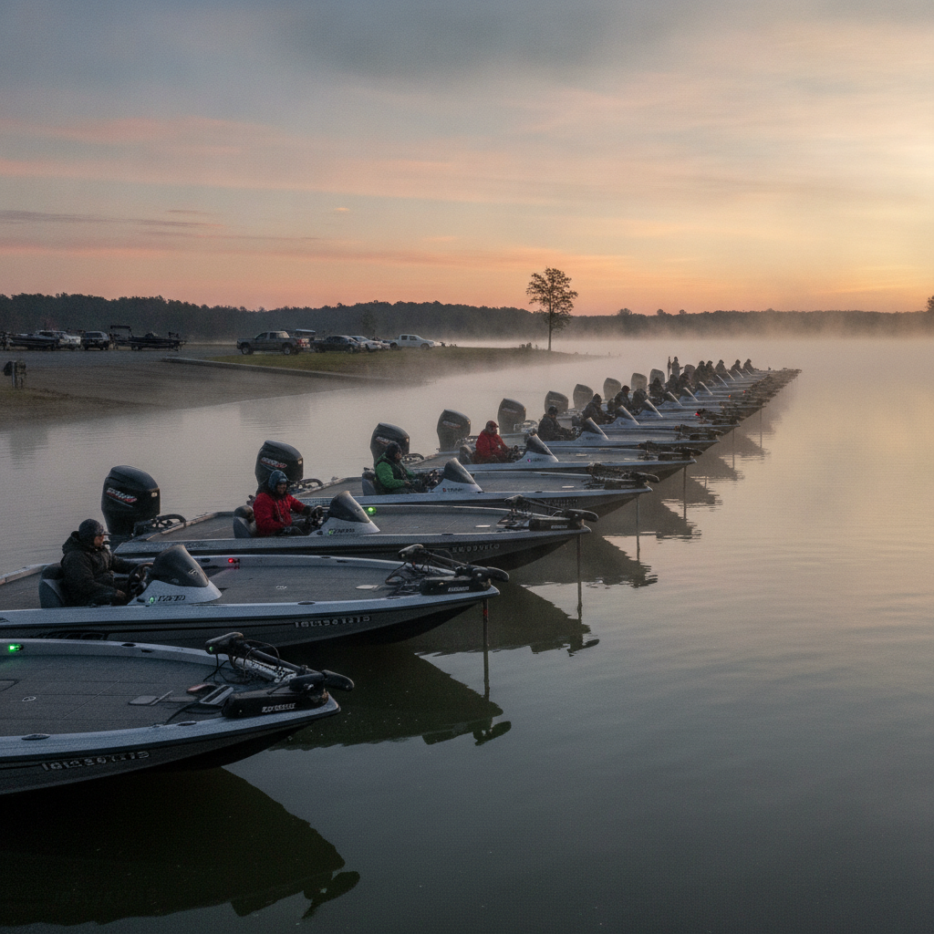 Bass boats at a tournament launch at dawn — illustrative photo