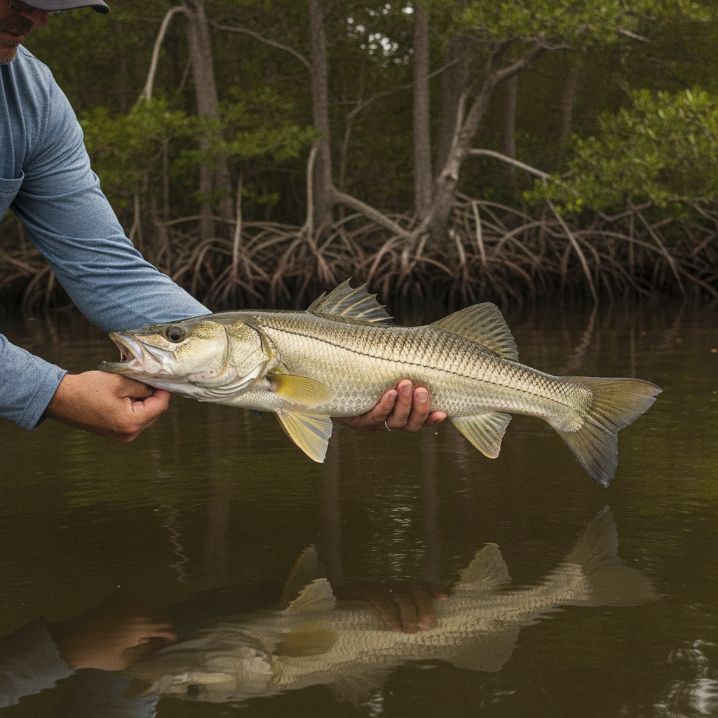 Snook along a mangrove shoreline in the Caloosahatchee backwater — illustrative photo