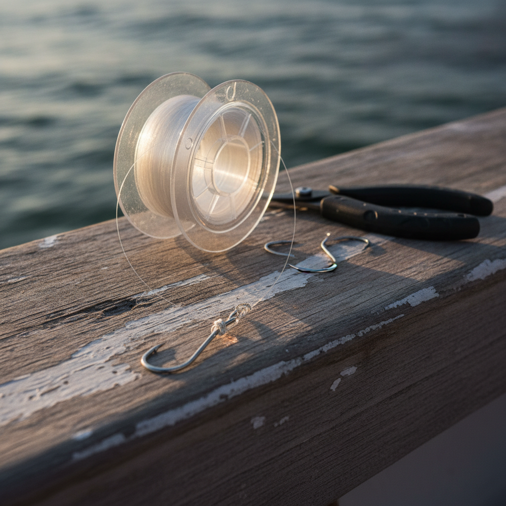 Monofilament leader, hooks and snips on a boat gunwale — illustrative photo