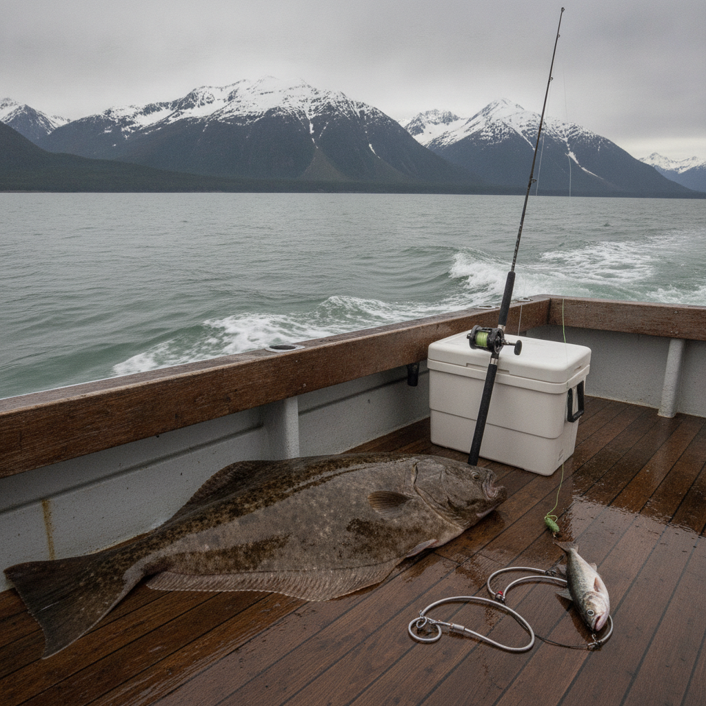Pacific halibut aboard a charter in Cook Inlet, Alaska — illustrative photo