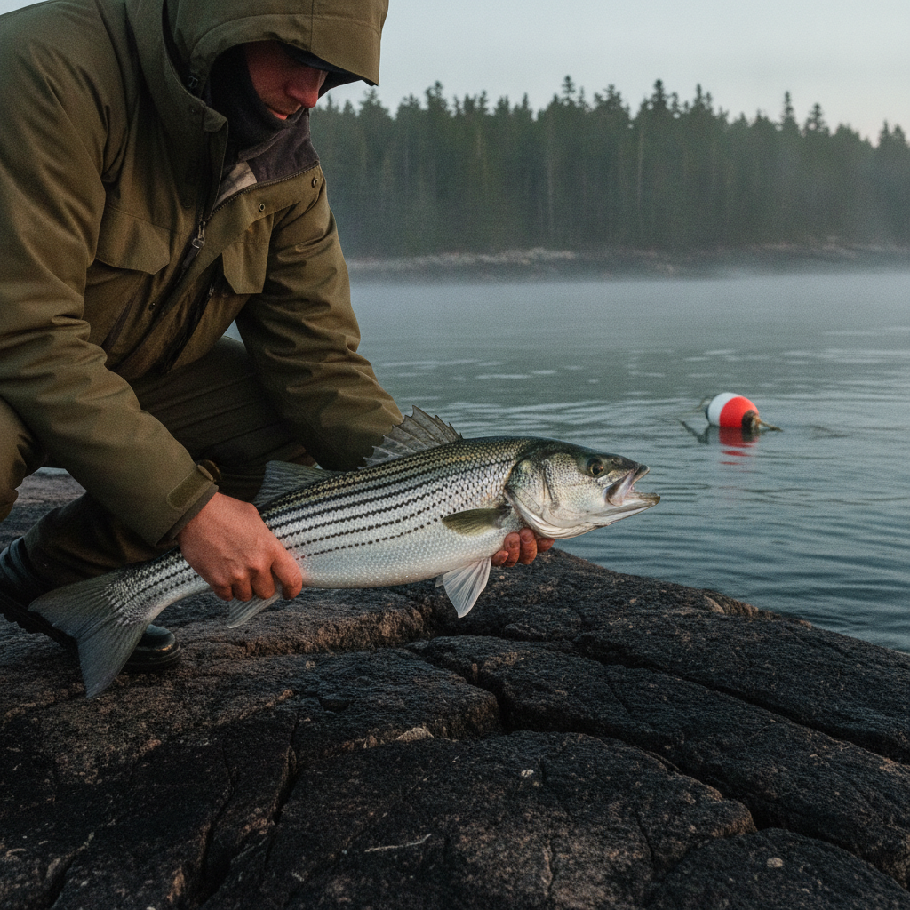 Striped bass along a rocky Maine shoreline at dawn — illustrative photo