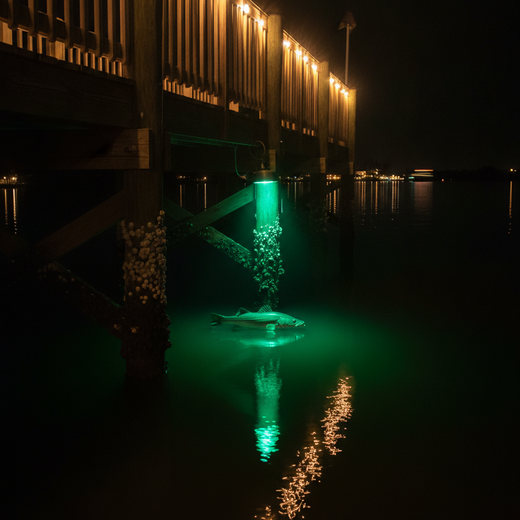 Snook holding in a dock light at night — illustrative photo