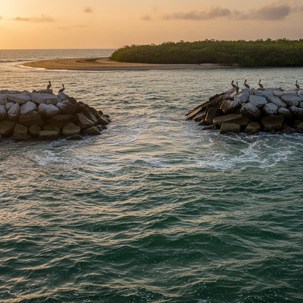 St. Lucie Inlet at dawn from the water — illustrative photo
