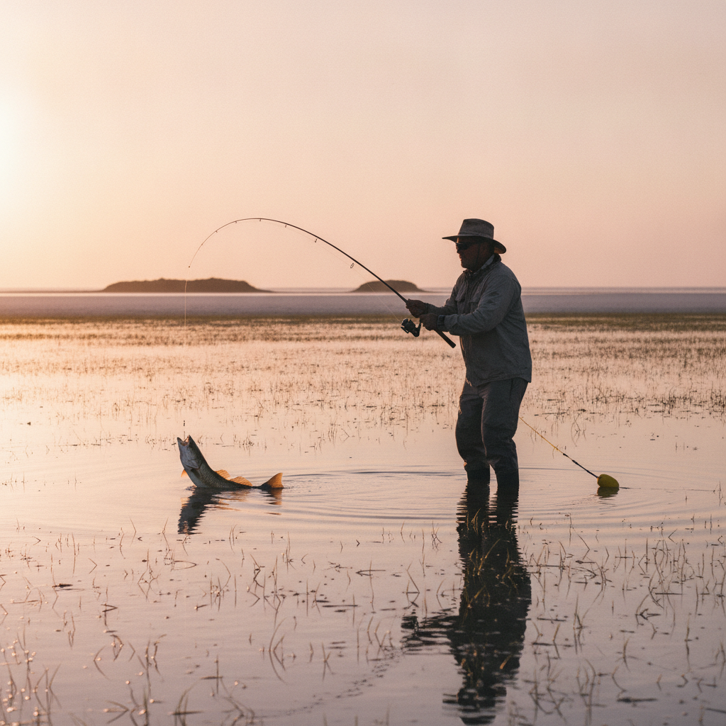 Wade fisherman on a Texas coast flat at sunrise — illustrative photo