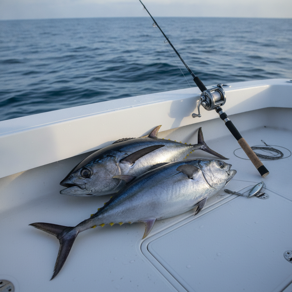 Blackfin tuna on the deck of an offshore boat — illustrative photo