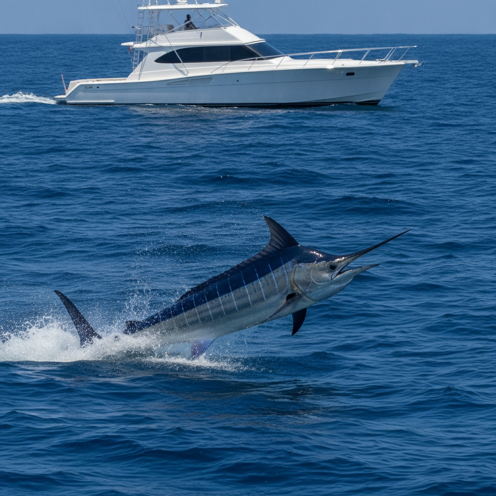 Blue marlin lit up boatside offshore — illustrative photo