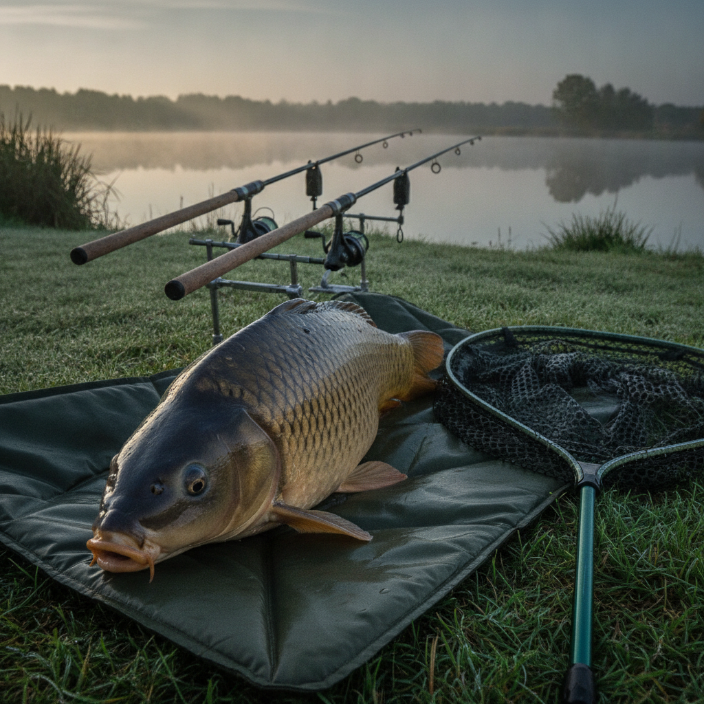 Common carp on an unhooking mat at dawn — illustrative photo