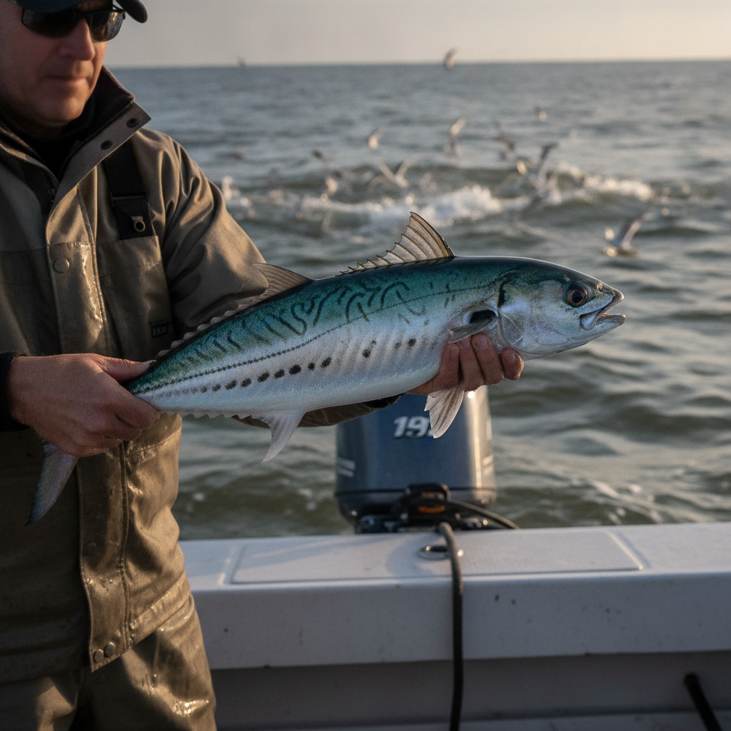 False albacore boatside during an inshore blitz — illustrative photo