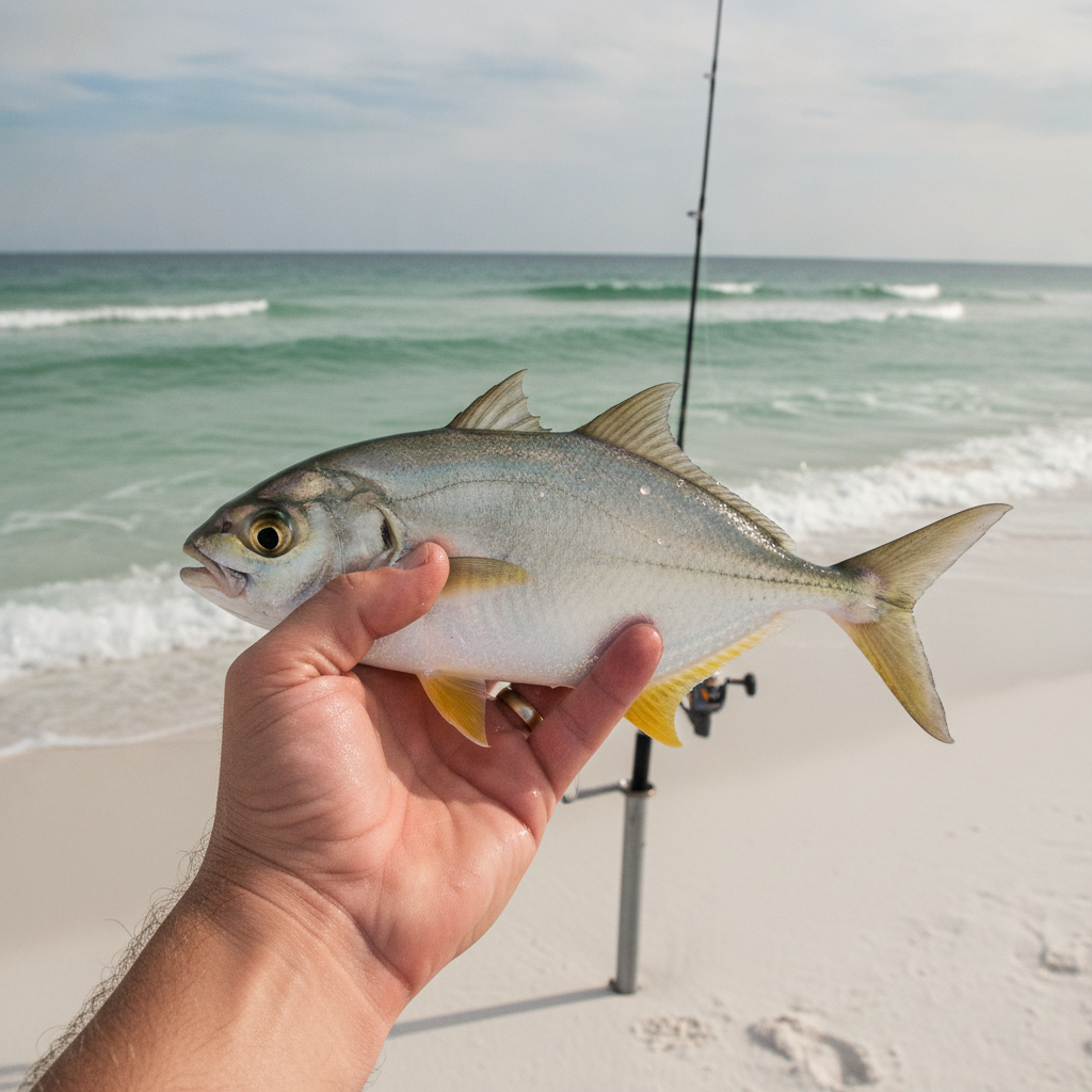 Florida pompano landed in the Gulf surf — illustrative photo