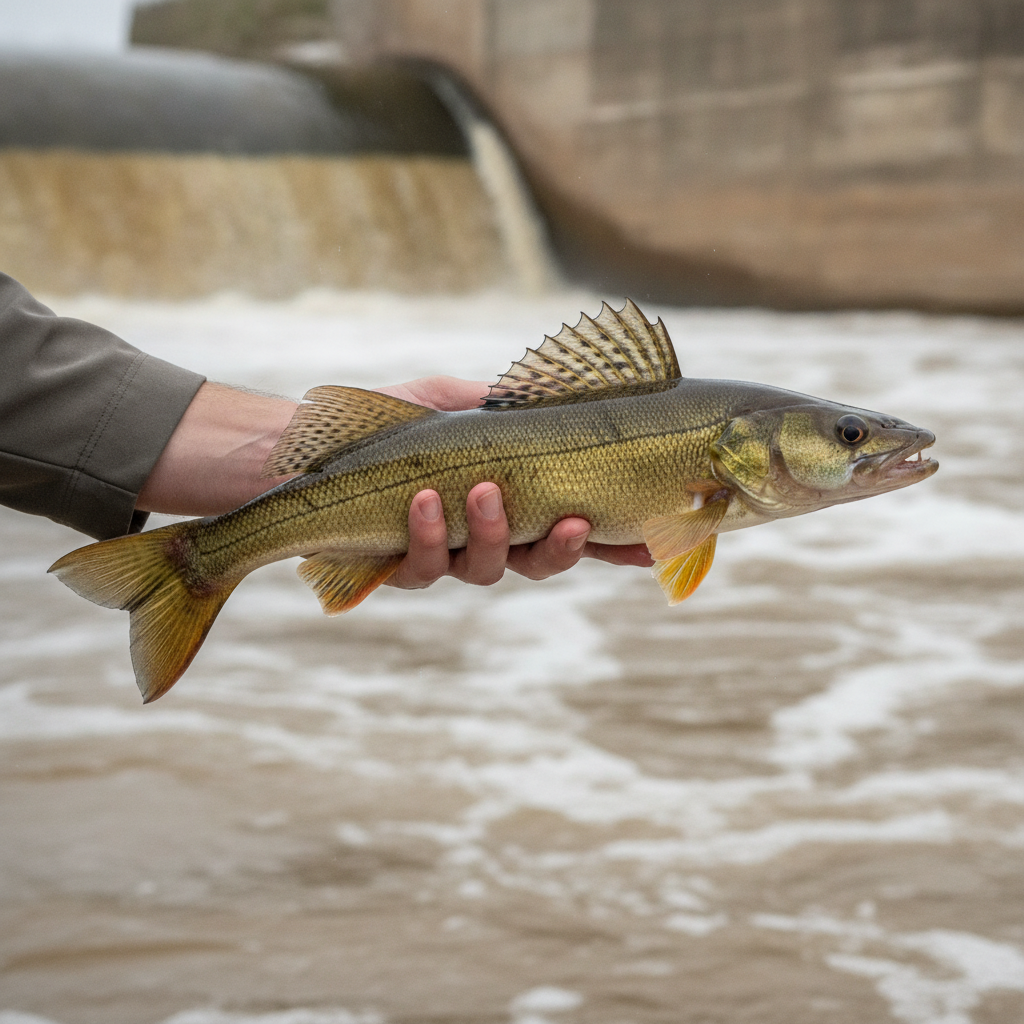 Sauger taken from a tailrace river pool — illustrative photo