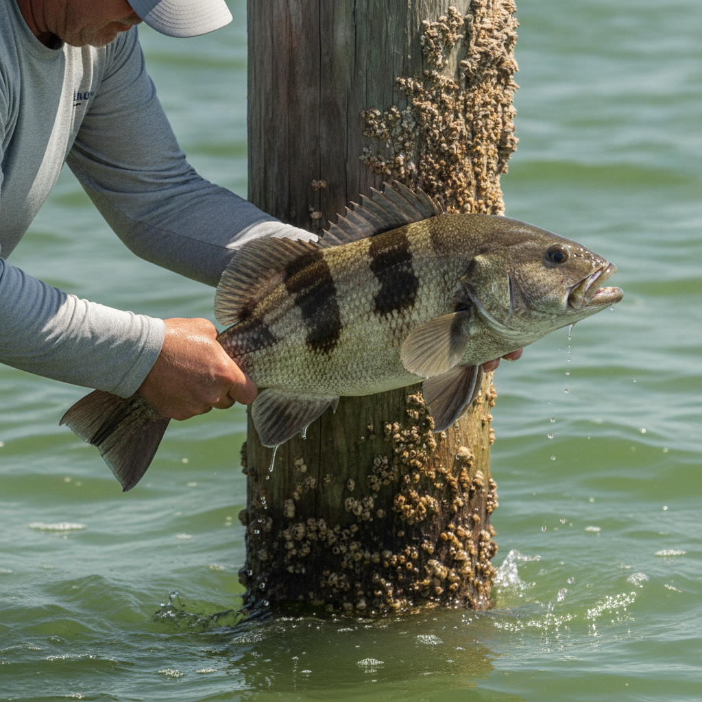 Tripletail taken beside a Gulf channel marker — illustrative photo