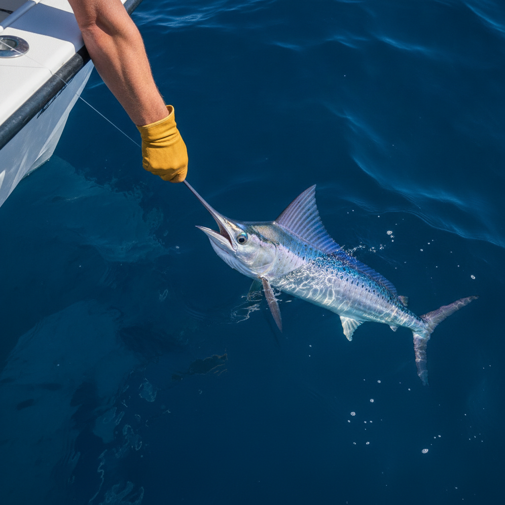 White marlin released boatside in the canyons — illustrative photo