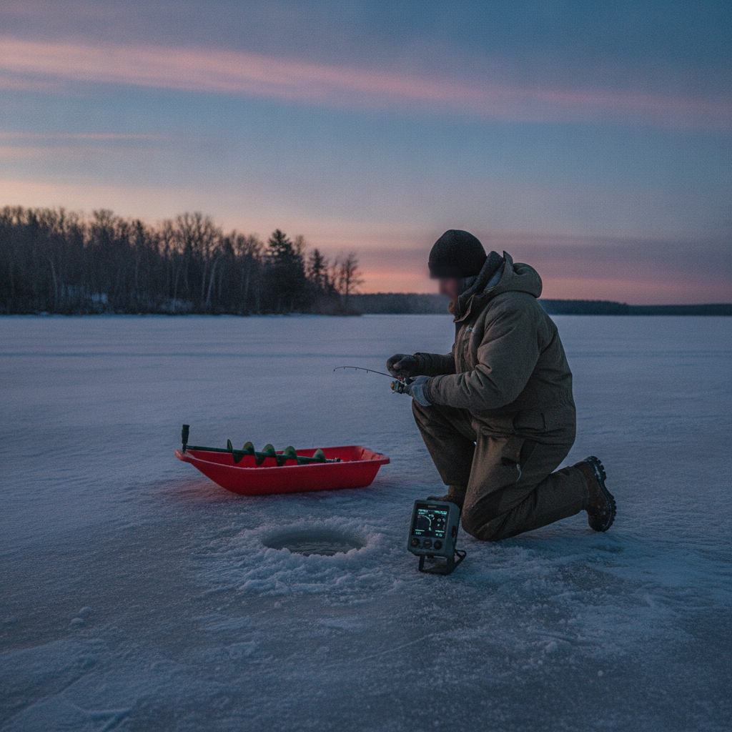 Ice fishing on a frozen northern lake at first light — illustrative photo