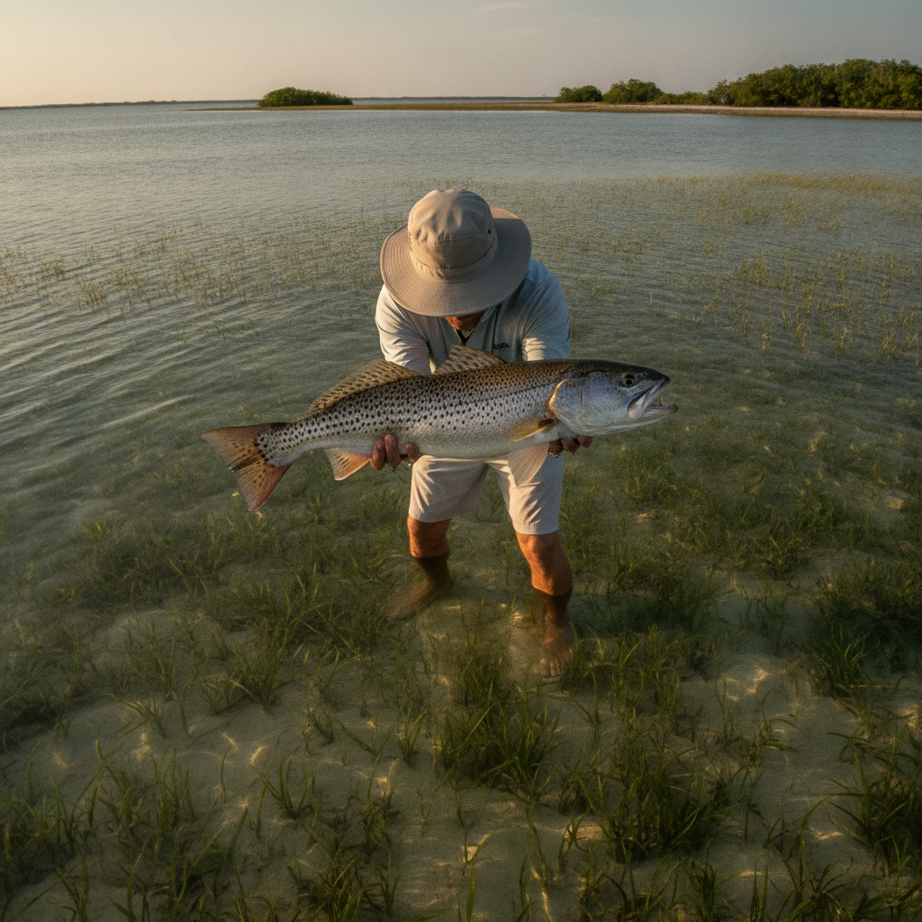 Wade fishing a shallow grass flat on the Lower Laguna Madre — illustrative photo