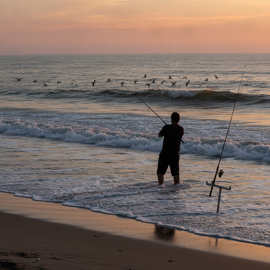 Surfcaster working the trough at dawn — illustrative photo