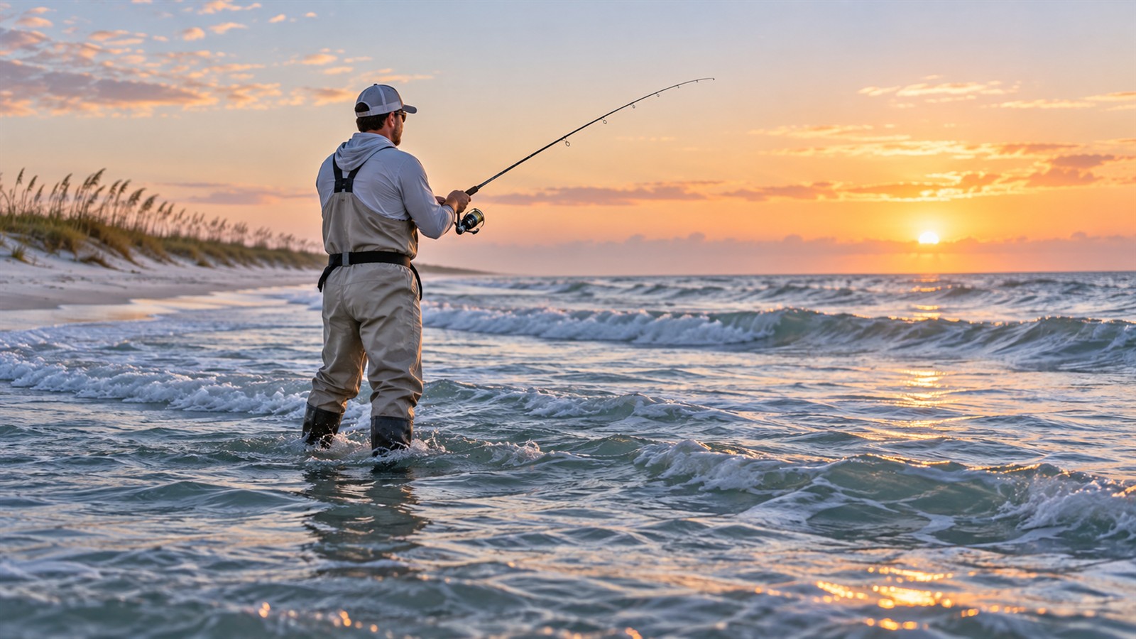 Angler wearing chest waders and a wading belt while surf fishing on a Florida beach