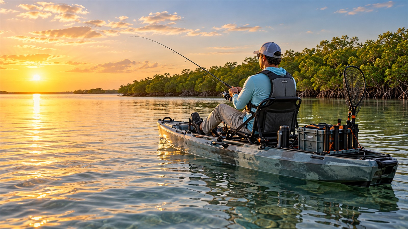 Angler wearing a life jacket while fishing from a pedal kayak near a Florida mangrove shoreline