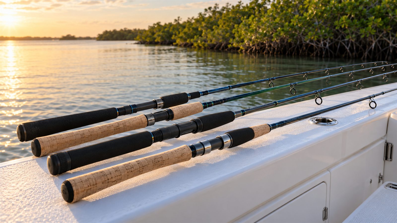Four inshore spinning rods with cork and EVA handles arranged on a center-console boat