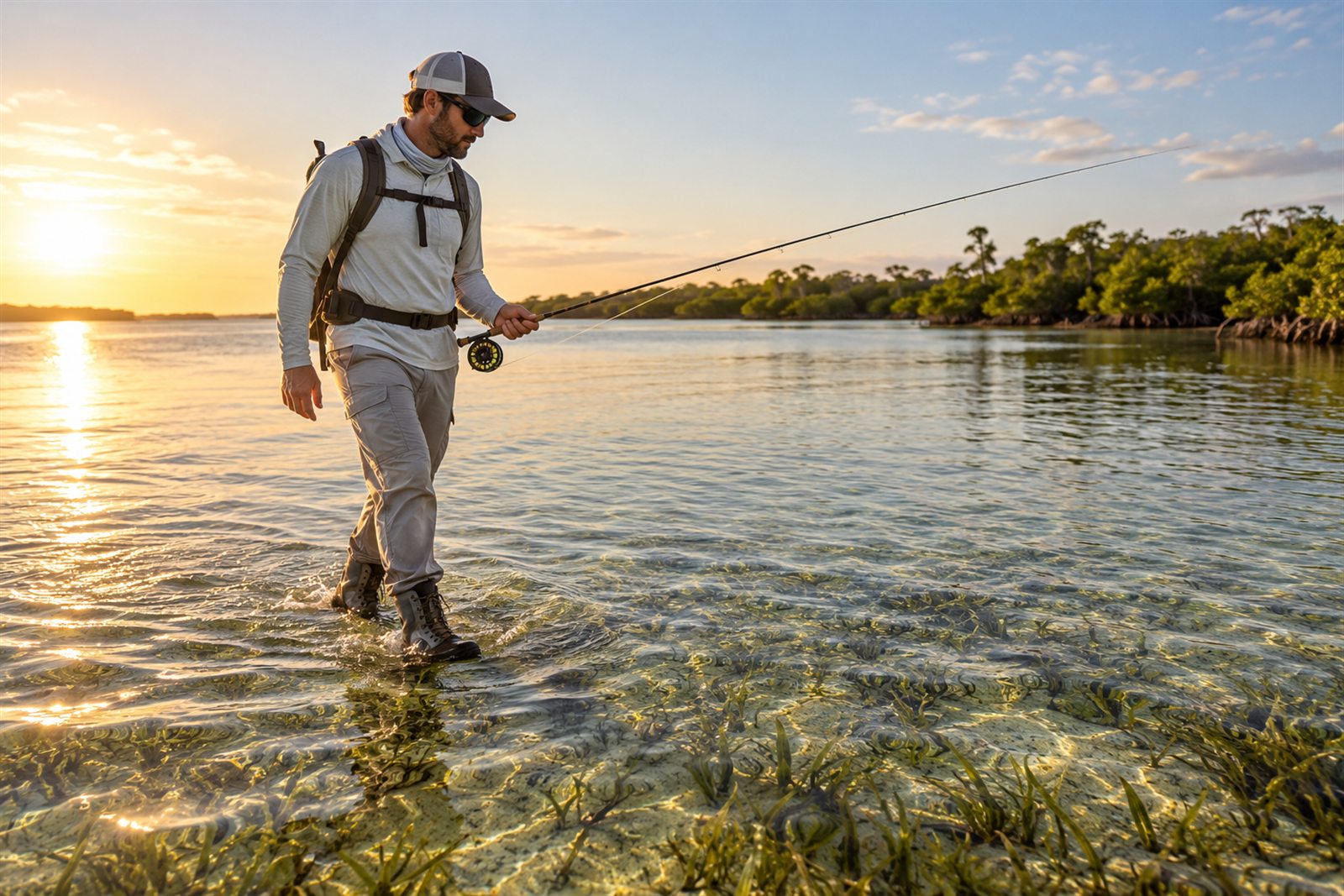Angler wearing saltwater wading boots while fishing a shallow Florida grass flat